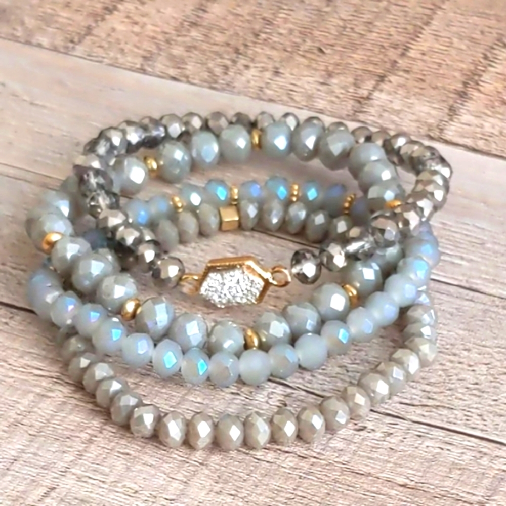 Silver & Gray Crystal Beaded Boho Bracelets Multi Layer Stretch Natural Gemstone